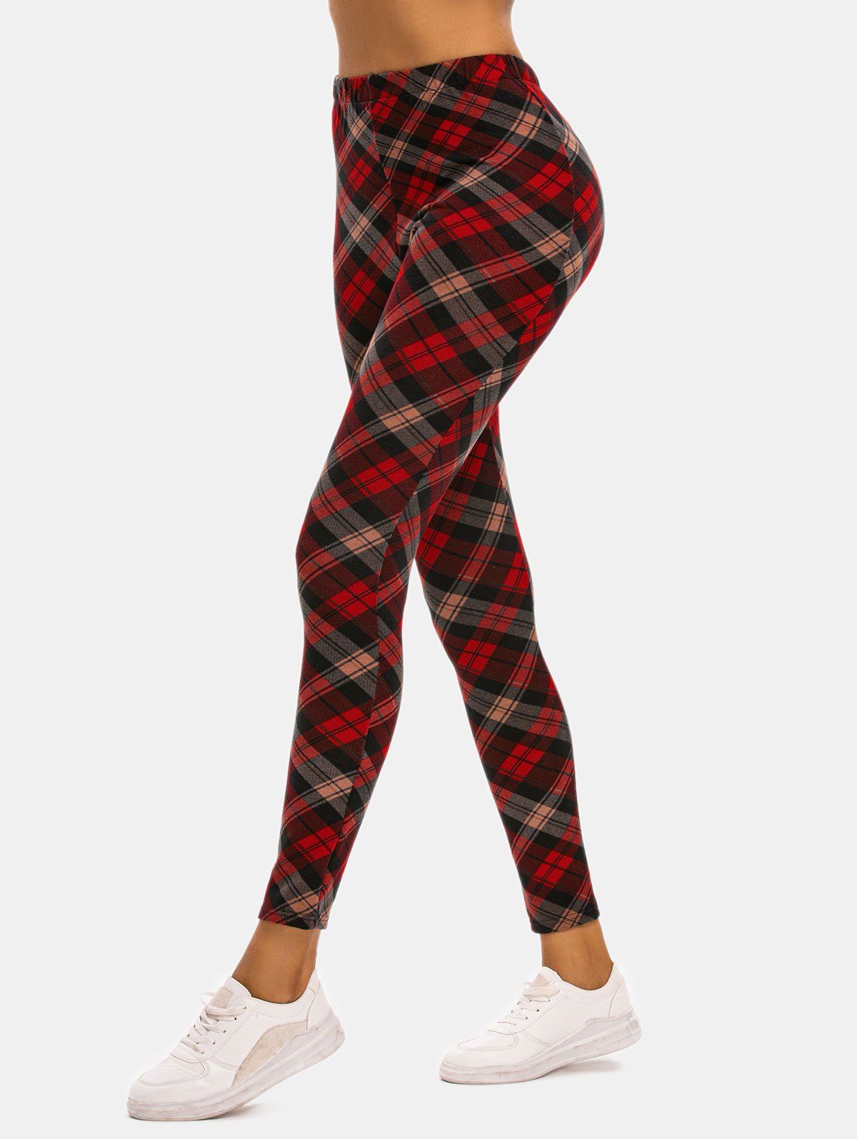 High Rise Plaid Jersey Leggings - DEEP RED M