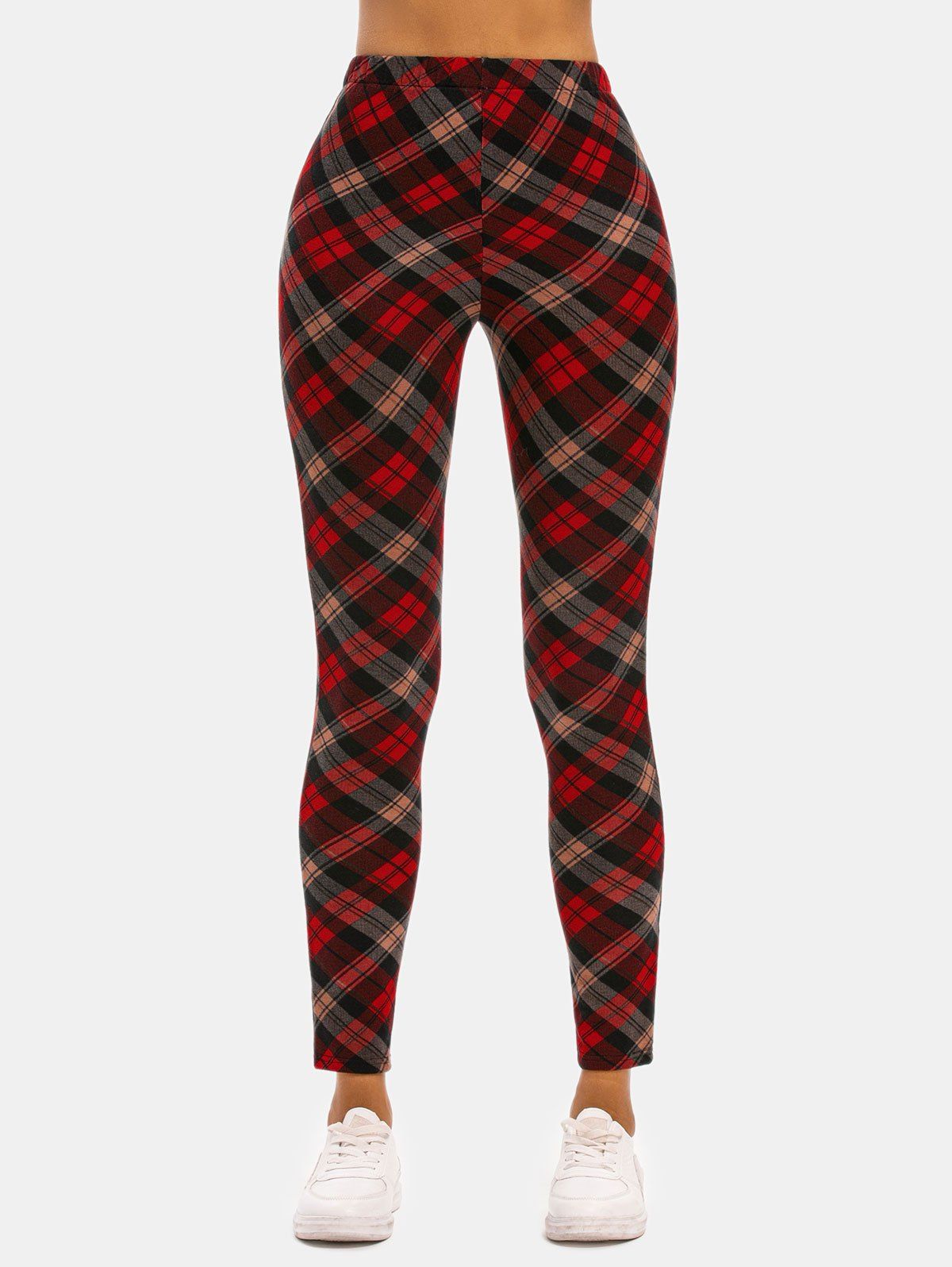 High Rise Plaid Jersey Leggings - DEEP RED M