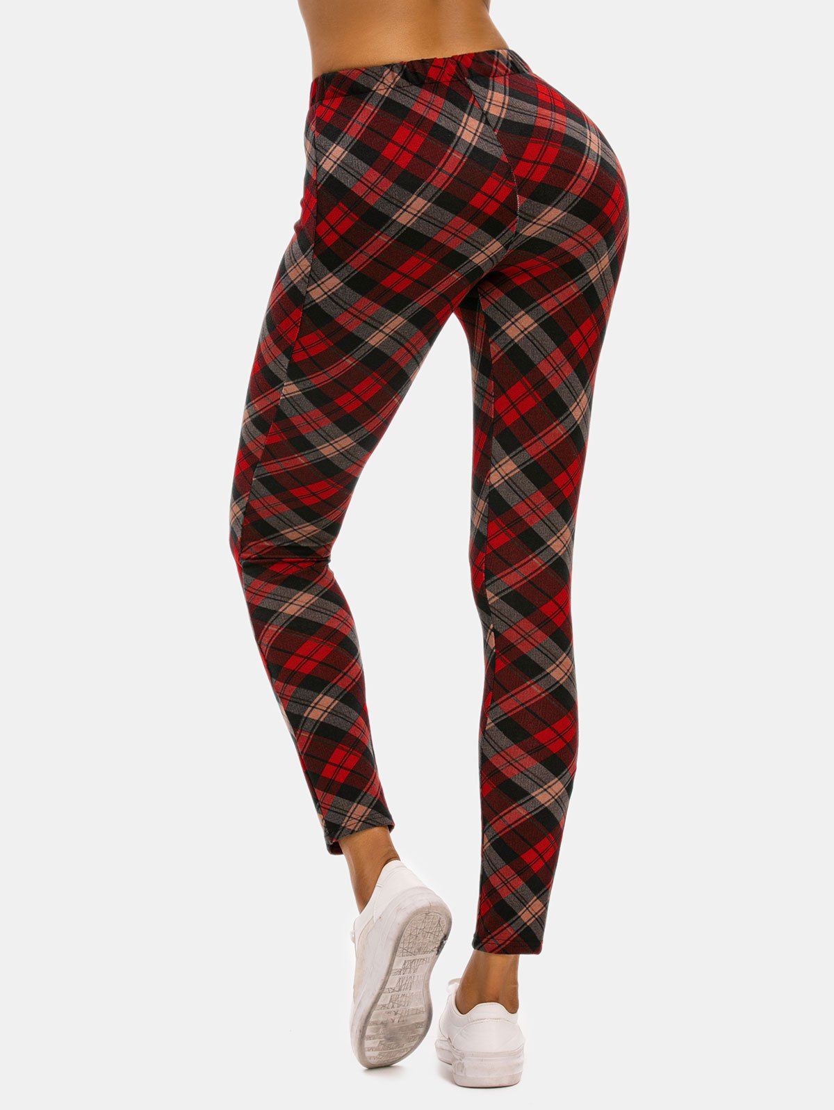 High Rise Plaid Jersey Leggings - DEEP RED M