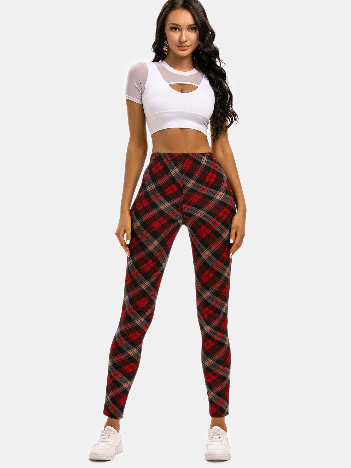High Rise Plaid Jersey Leggings - DEEP RED M