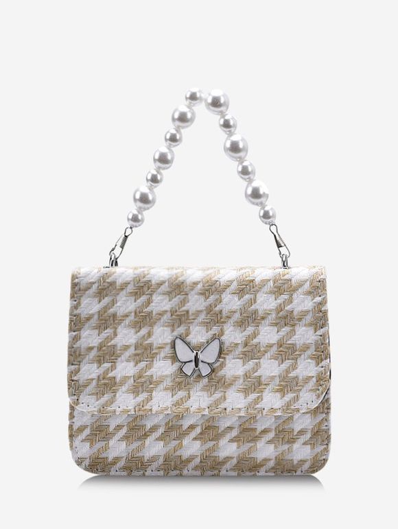 Sac à Bandoulière Motif de Papillon Fausse Perle à Carreaux - café lumière 