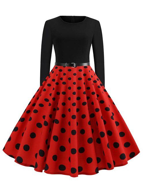 Robe Ceinturée Bouclée à Manches Longues à Pois - Rouge foncé L