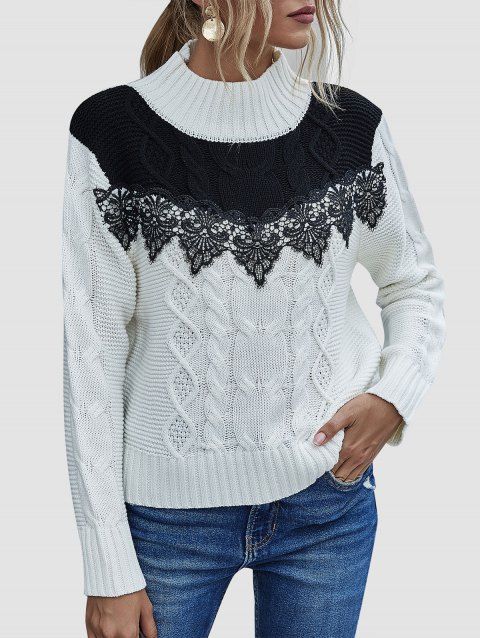 Cable Knit Applique Panel Two Tone Sweater – Fashion Clothes Online