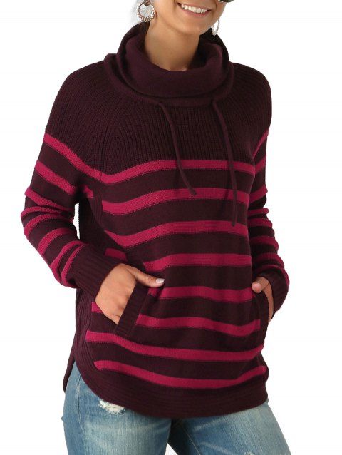 Turtleneck Striped Raglan Sleeve Pocket Sweater
