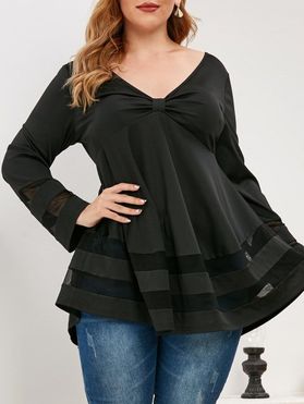 Plus Size Knotted Plunging Mesh Panel T Shirt