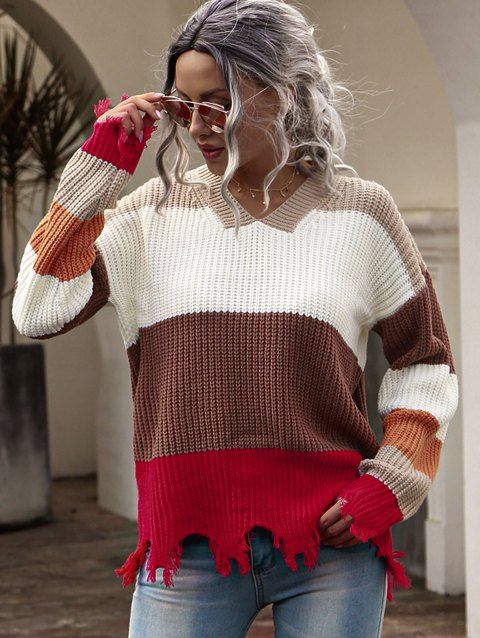 Loose Colorblock Frayed Pullover Sweater