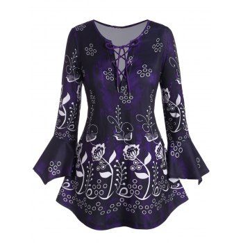 

Plus Size Lace Up Floral Print Bell Sleeve T Shirt, Purple