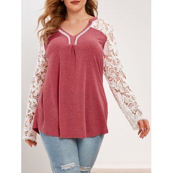 

Plus Size V Cut Flower Crochet Long Sleeve Tee, Valentine red