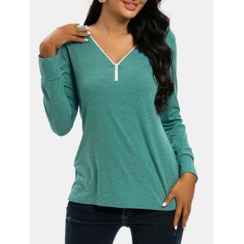 

Front Half Zipper Long Sleeve Casual Tee, Light green