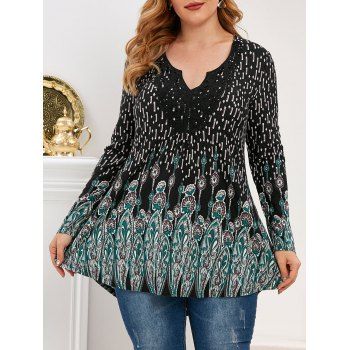 

Plus Size Crochet Insert Fleur-de-lis Print Long Sleeve Tee, Black