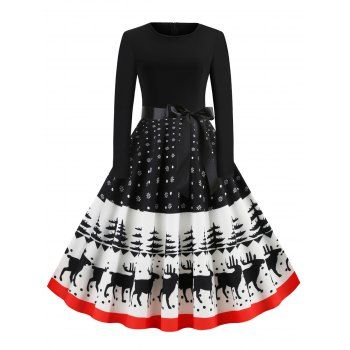 

Belted Snowflake Elk Snowman Christmas Dress, Black