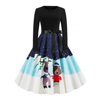 

Belted Snowflake Elk Snowman Christmas Dress, Blue