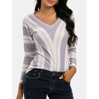 

V Neck Patchwork Textured Knitwear, Light blue
