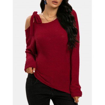 

Skew Collar Knot Batwing Cold Shoulder Popcorn Knitwear, Deep red