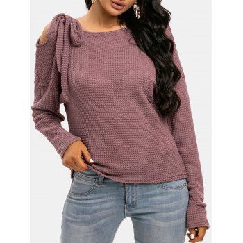 

Skew Collar Knot Batwing Cold Shoulder Popcorn Knitwear, Light pink