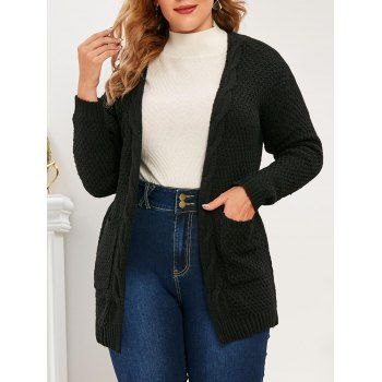 

Plus Size Open Front Pockets Cardigan, Black