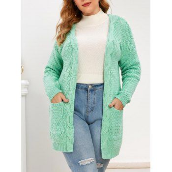 

Plus Size Open Front Pockets Cardigan, Green