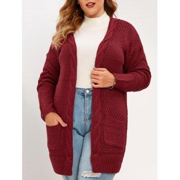 

Plus Size Open Front Pockets Cardigan, Deep red