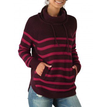 

Turtleneck Striped Raglan Sleeve Pocket Sweater, Deep red