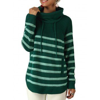 

Turtleneck Striped Raglan Sleeve Pocket Sweater, Deep green