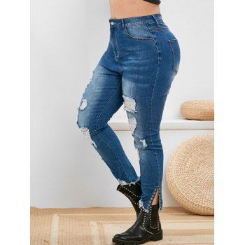 Plus Size Ripped High Rise Eyelet Jeans, Deep blue