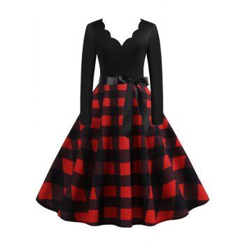 

Scalloped Plaid Fit and Flare Belted Vintage Dress, Deep red