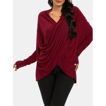 

Draped Cowl Front Crossover Long Sleeve Tee, Deep red