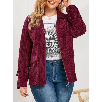 

Plus Size Flap Pockets Corduroy Jacket, Red wine