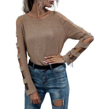 

Ribbed Ladder Cutout Sleeve Knitwear, Light coffee