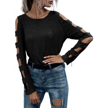 

Ribbed Ladder Cutout Sleeve Knitwear, Black
