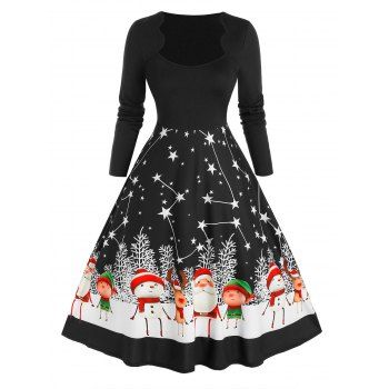

Plus Size Christmas Claus Star Print Scalloped Long Sleeve Dress, Black
