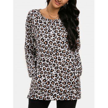 

Leopard Slip Pockets Raglan Sleeve Tunic Top, Light coffee