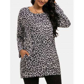 

Leopard Slip Pockets Raglan Sleeve Tunic Top, Gray