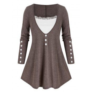 

Plus Size Buttoned Lace Insert Long Sleeve Tee, Puce