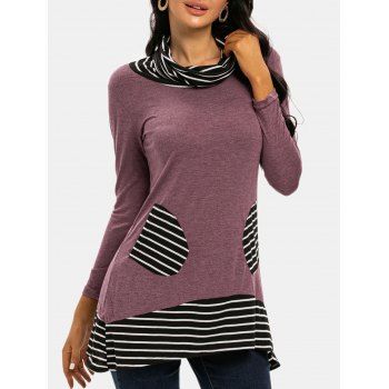 

Striped Cowl Neck Dual Pocket Long Sleeve Tee, Light pink