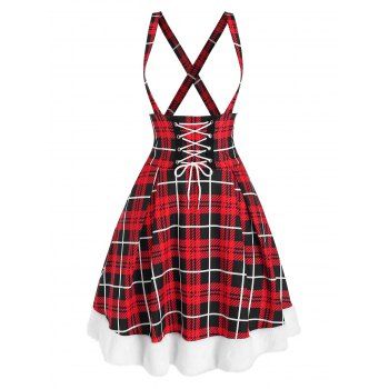 

Crisscross Lace Up Plaid Suspender Dress, Multicolor