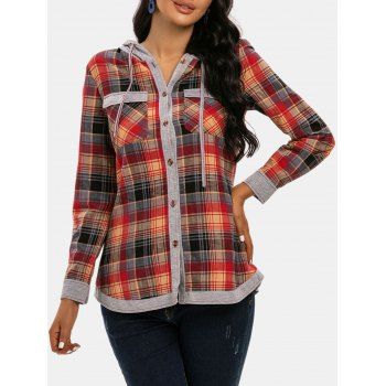 

Hooded Plaid Print Button Up Shirt, Multicolor a