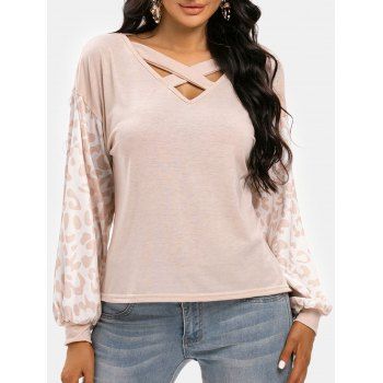 

Leopard Sleeve Cross Drop Shoulder Tee, Light pink