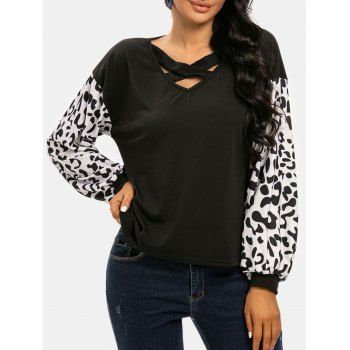 

Leopard Sleeve Cross Drop Shoulder Tee, Black