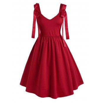 

Bowknot Solid V Neck Plus Size Dress, Red
