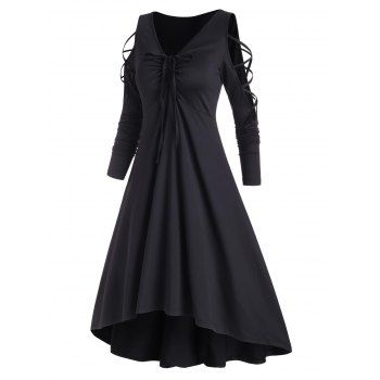 

Cold Shoulder Criss Cross Cinched High Low Dress, Black