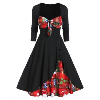

Christmas Plaid Print Faux Twinset Vintage Dress, Black