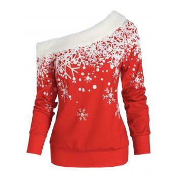 

Christmas Skew Neck Snowflake Print Top, Red