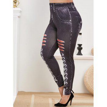 

Plus Size 3D Lace Up Jean Print Skinny Jeggings, Black