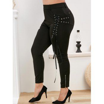 

Plus Size Lace Trim Lace Up Pants, Black