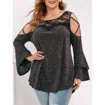 

Plus Size Lace Panel Open Shoulder Strappy Flare Sleeve T Shirt, Battleship gray