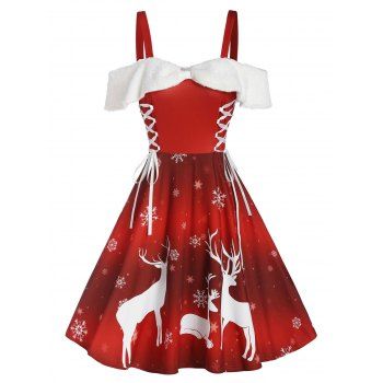 

Christmas Elk Snowflake Print Lace-up Cold Shoulder Dress, Red