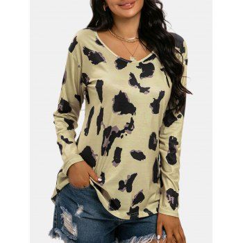 

Leopard Scoop Neck Long Sleeve T-shirt, Light coffee