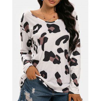 

Leopard Scoop Neck Long Sleeve T-shirt, White