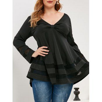 

Plus Size Knotted Plunging Mesh Panel T Shirt, Black